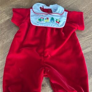 Vintage Red Velour Baby Romper with Train Embroidery